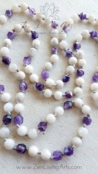 CALM THE MIND. Amethyst & White Agate Gemstone Necklace. Full Mala 108 Beads. Mindful Jewelry.