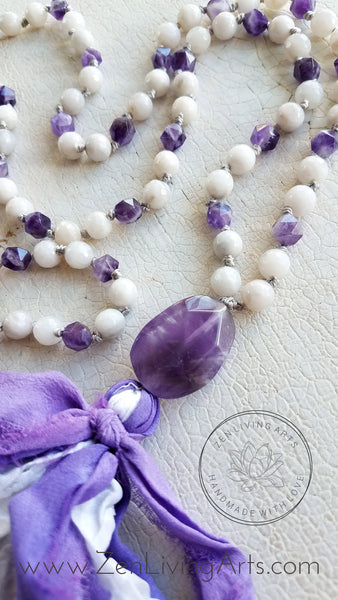 CALM THE MIND. Amethyst & White Agate Gemstone Necklace. Full Mala 108 Beads. Mindful Jewelry.