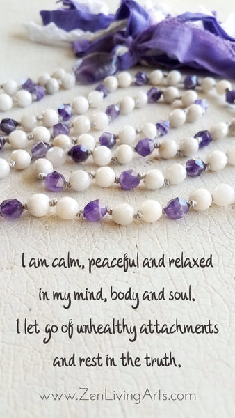 CALM THE MIND. Amethyst & White Agate Gemstone Necklace. Full Mala 108 Beads. Mindful Jewelry.
