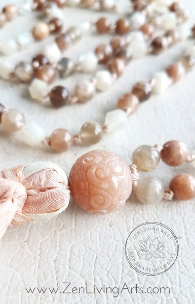 DIVINE FEMININE. Peach & White Moonstone Gemstone Necklace. Full Mala 108 Beads. Mindful Jewelry.