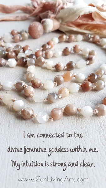 DIVINE FEMININE. Peach & White Moonstone Gemstone Necklace. Full Mala 108 Beads. Mindful Jewelry.