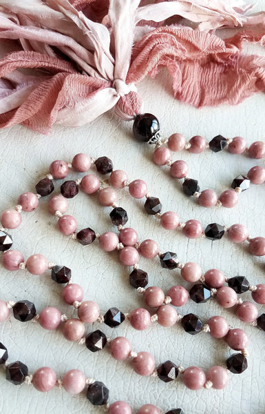 PASSION. Red Garnet & Pink Rhodonite Gemstone Necklace. Full Mala 108 Beads. Mindful Jewelry.