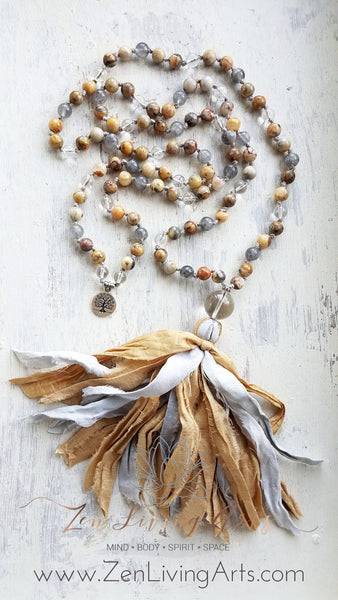 HAPPY THOUGHTS. Crazy Lace Agate & Clear Quartz Gemstone Necklace. Tree Of Life Full Mala 108 Beads.