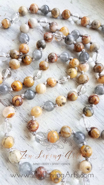 HAPPY THOUGHTS. Crazy Lace Agate & Clear Quartz Gemstone Necklace. Tree Of Life Full Mala 108 Beads.