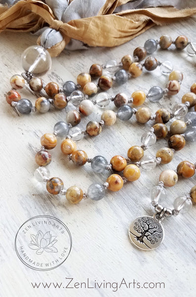 HAPPY THOUGHTS. Crazy Lace Agate & Clear Quartz Gemstone Necklace. Tree Of Life Full Mala 108 Beads.