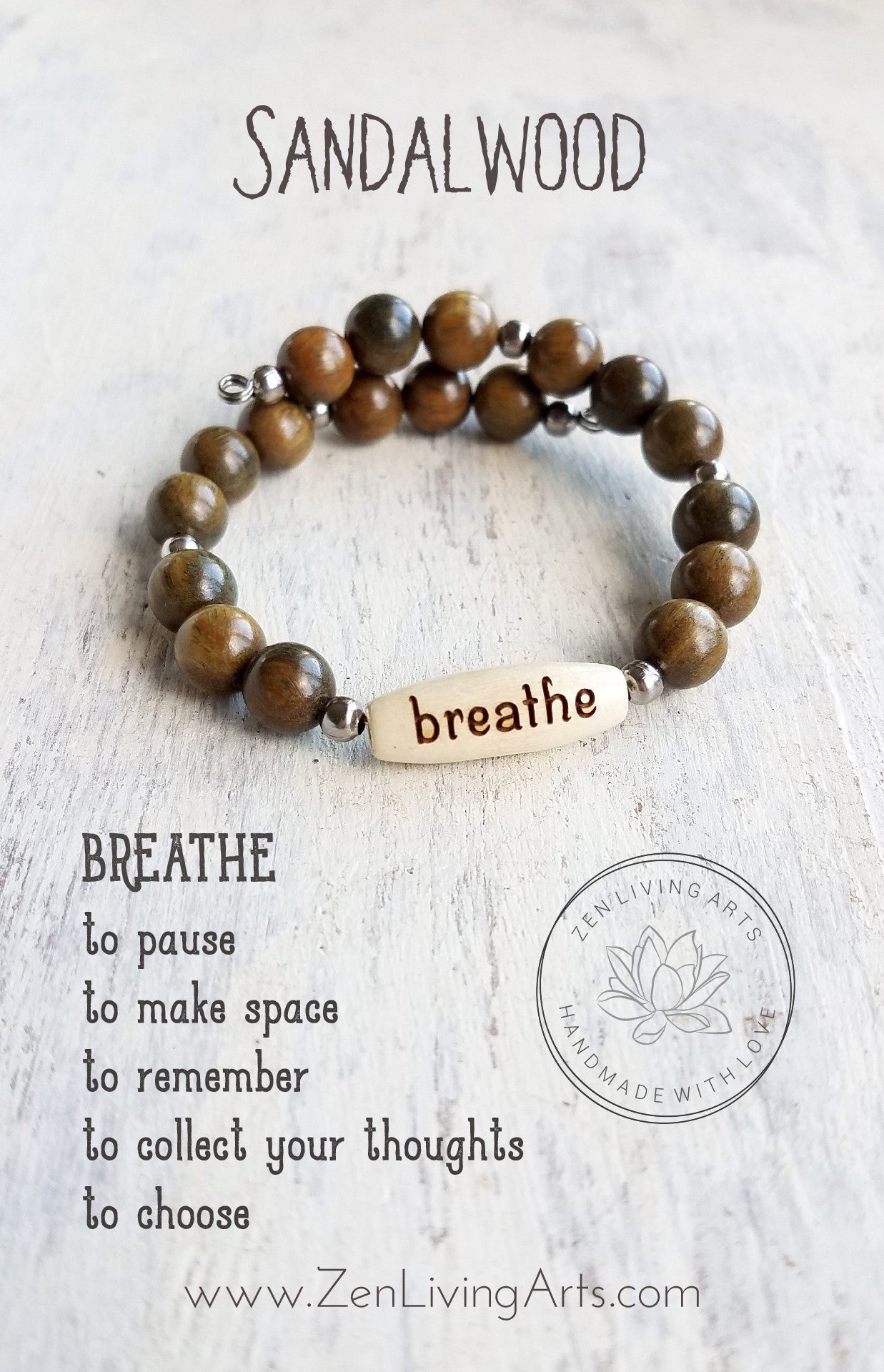 BREATHE. Engraved Wood and Sandalwood Beaded Bracelet. Inspirational Quote Jewelry.