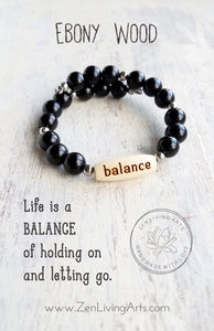 BALANCE. Engraved Wood and Black Ebony Wood Beaded Bracelet. Inspirational Quote Jewelry.