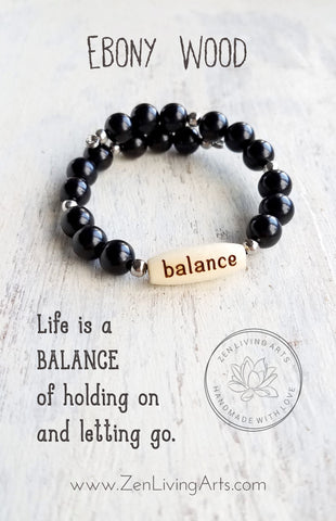 BALANCE. Engraved Wood and Black Ebony Wood Beaded Bracelet. Inspirational Quote Jewelry.