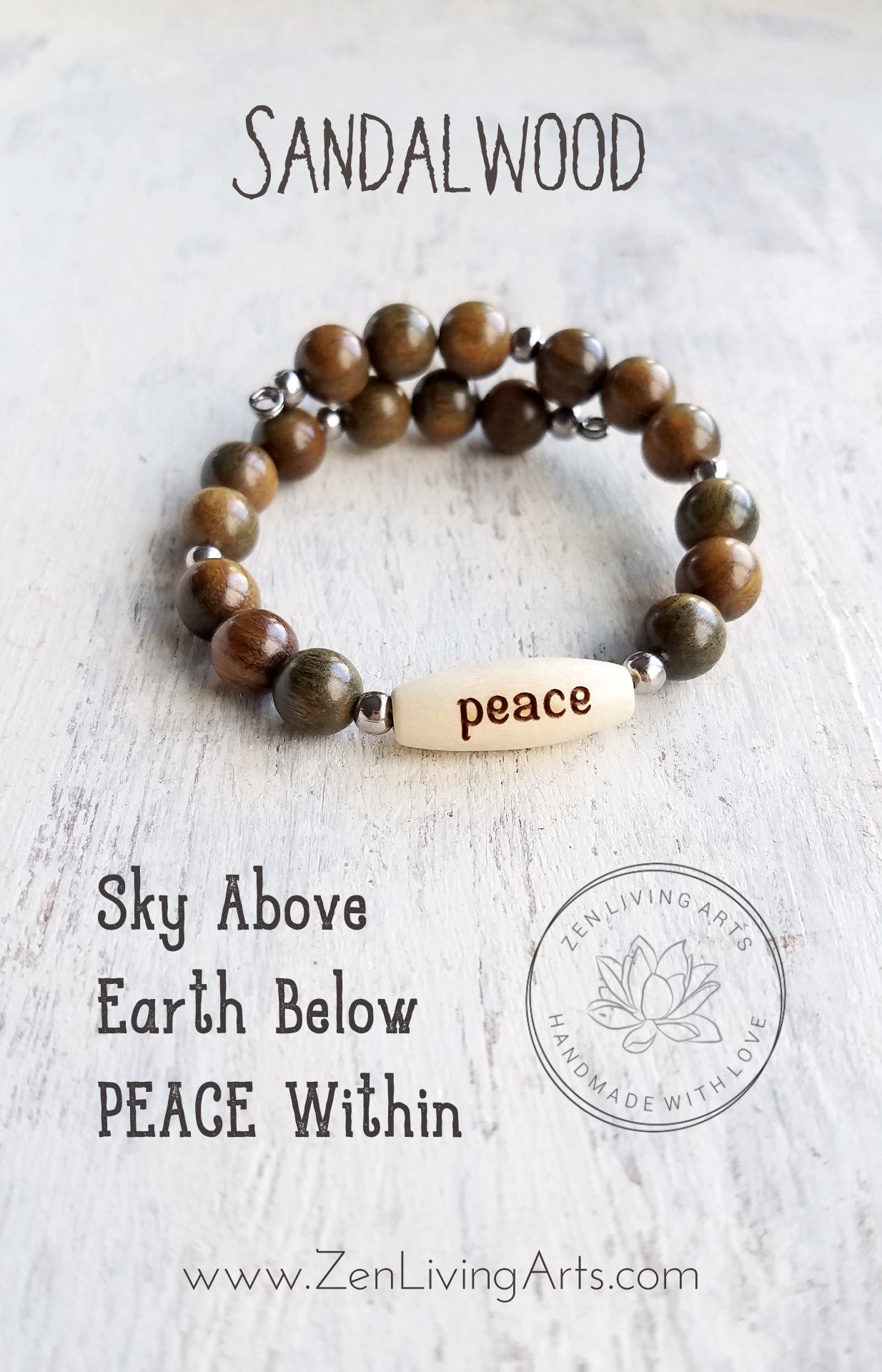 PEACE. Engraved Wood and Sandalwood Beaded Bracelet. Inspirational Quote Jewelry.