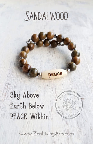 PEACE. Engraved Wood and Sandalwood Beaded Bracelet. Inspirational Quote Jewelry.