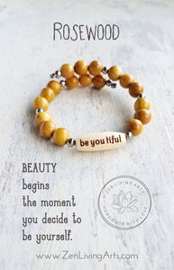 BE YOU TIFUL. Engraved Wood and Golden Rosewood Beaded Bracelet. Inspirational Quote Jewelry.