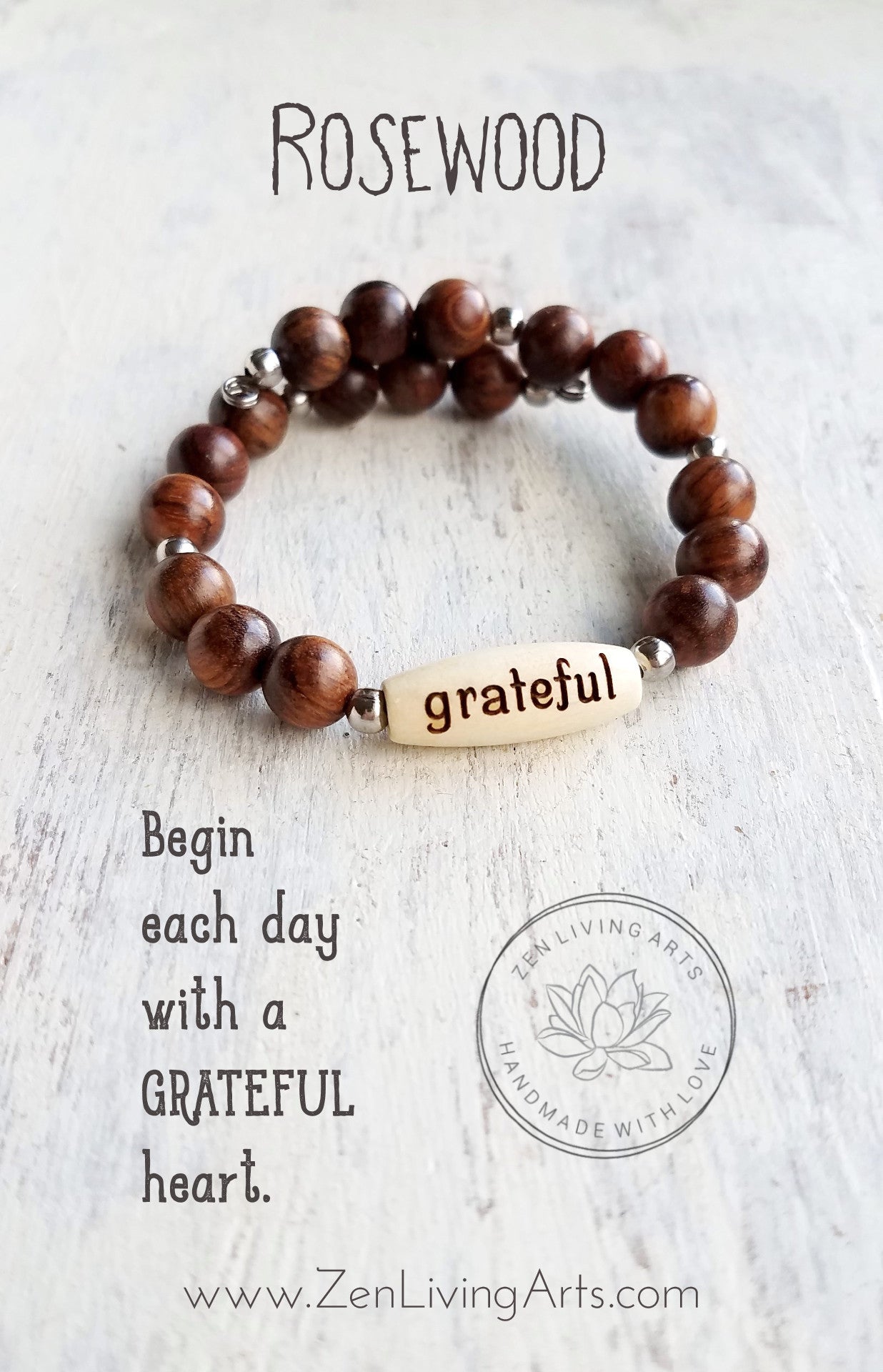 GRATEFUL. Engraved Wood and Brown Rosewood Beaded Bracelet. Inspirational Quote Jewelry.