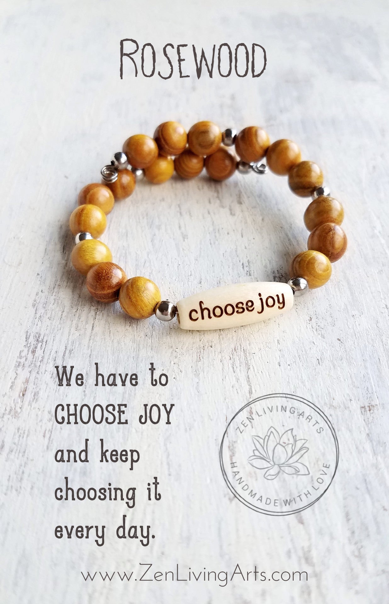 CHOOSE JOY. Engraved Wood and Golden Rosewood Beaded Bracelet. Inspirational Quote Jewelry.