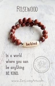 BE KIND. Engraved Wood and Red Rosewood Beaded Bracelet. Inspirational Quote Jewelry.