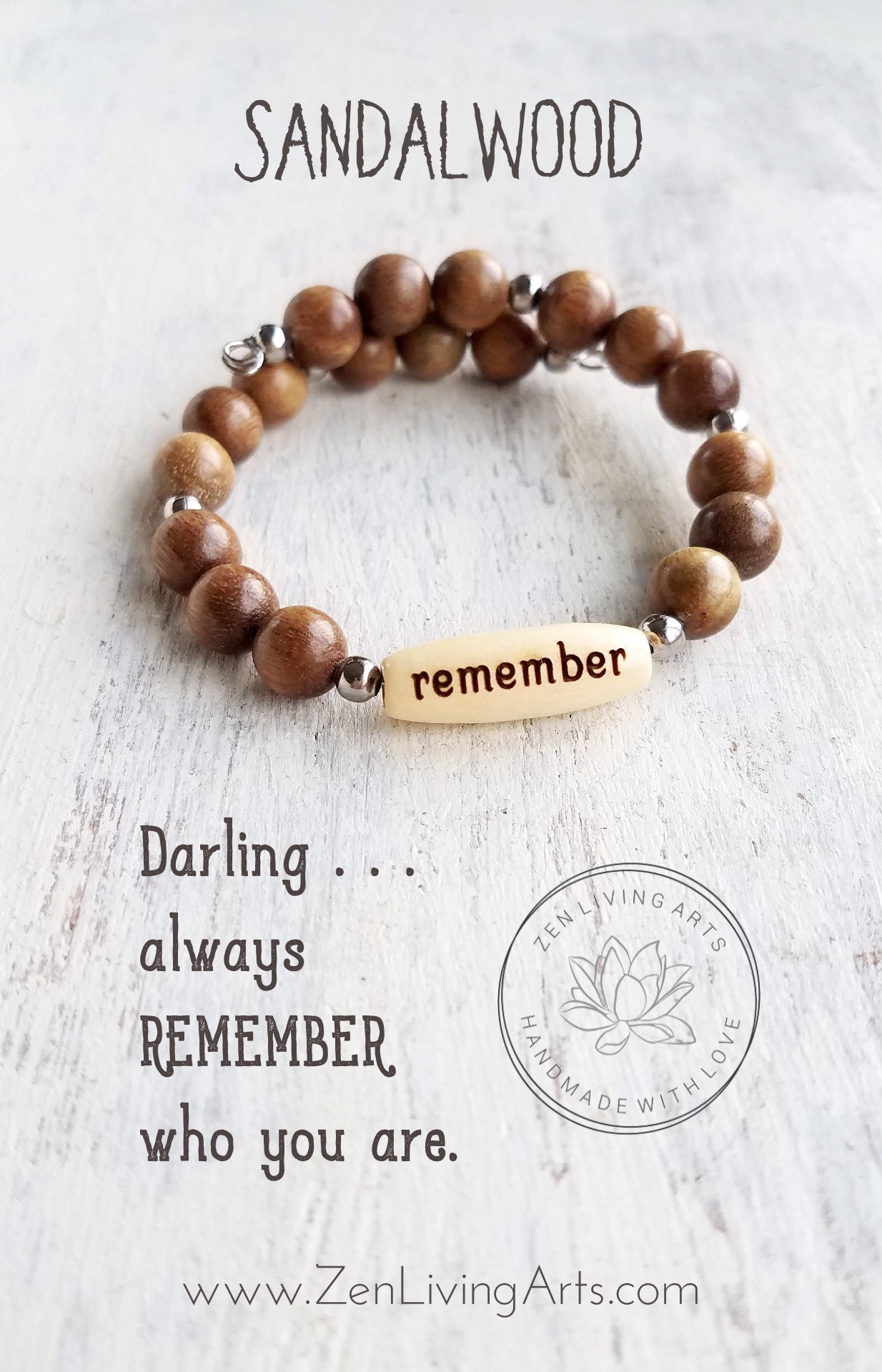 REMEMBER. Engraved Wood and Sandalwood Beaded Bracelet. Inspirational Quote Jewelry.