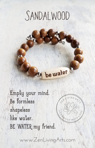 BE WATER. Engraved Wood and Sandalwood Beaded Bracelet. Inspirational Quote Jewelry.