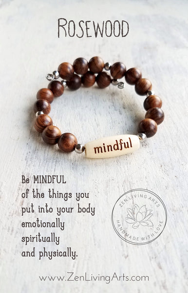 MINDFUL. Engraved Wood and Rosewood Beaded Bracelet. Inspirational Quote Jewelry.