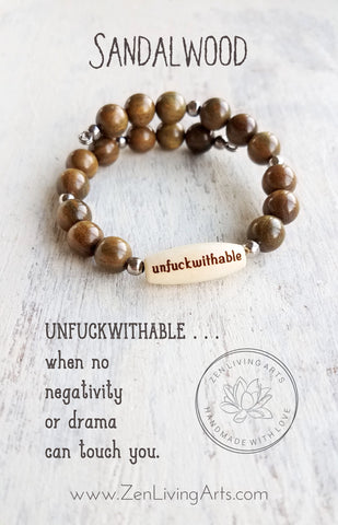 UNFUCKWITHABLE. Engraved Wood and Sandalwood Beaded Bracelet. Inspirational Quote Jewelry.