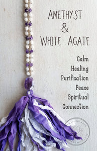 CALM THE MIND. Amethyst & White Agate Gemstone Necklace. Full Mala 108 Beads. Mindful Jewelry.