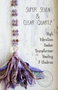 TRANSFORMATION. Super Seven & Clear Quartz Gemstone Necklace. Full Mala 108 Beads. Mindful Jewelry.