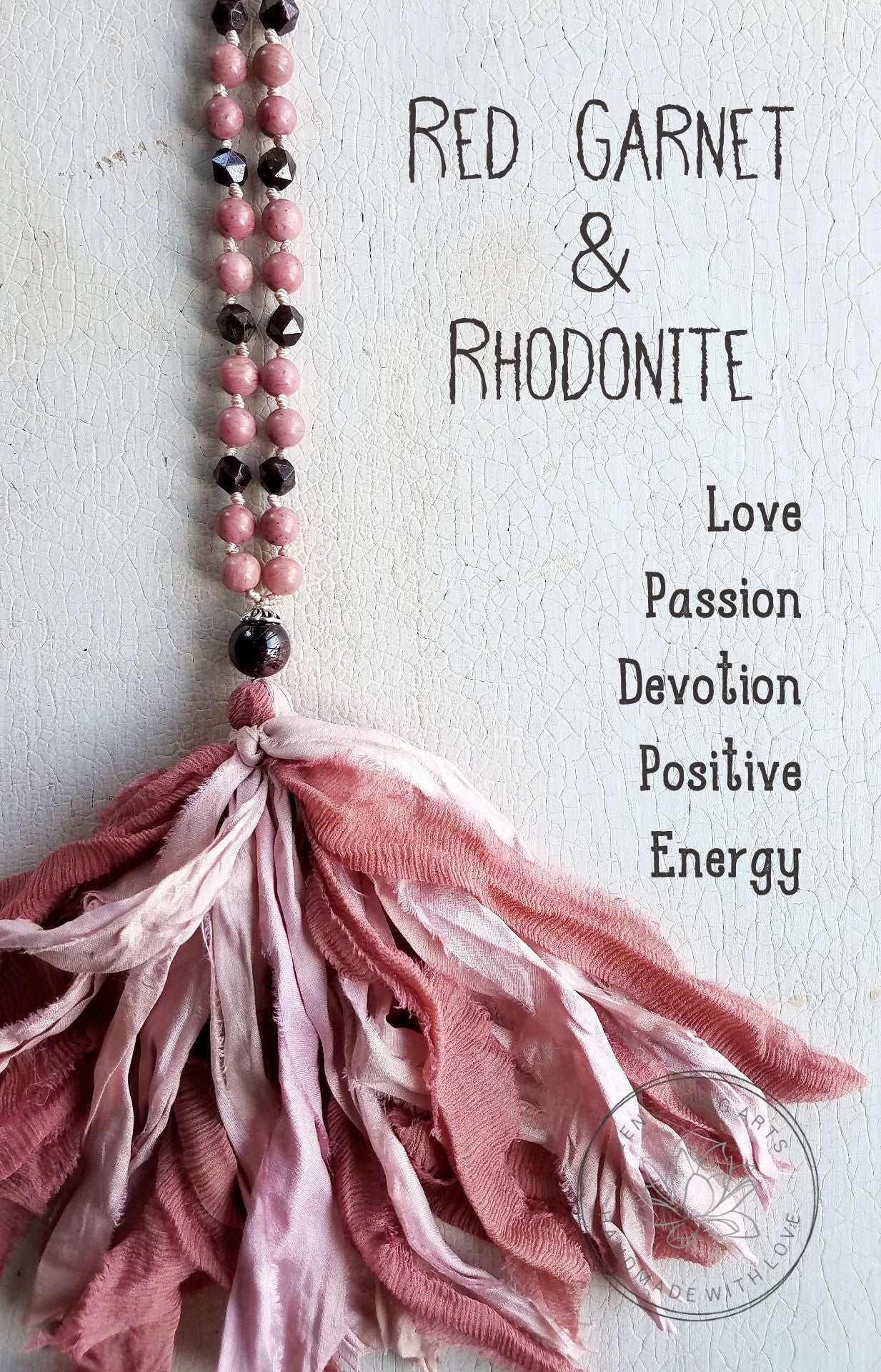 PASSION. Red Garnet & Pink Rhodonite Gemstone Necklace. Full Mala 108 Beads. Mindful Jewelry.