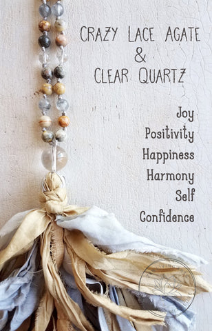 CHOOSE JOY. Crazy Lace Agate & Clear Quartz Gemstone Necklace. Full Mala 108 Beads. Mindful Jewelry.