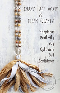 HAPPY THOUGHTS. Crazy Lace Agate & Clear Quartz Gemstone Necklace. Tree Of Life Full Mala 108 Beads.