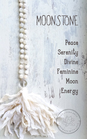 LOVE YOU TO THE MOON AND BACK. Moonstone Gemstone Necklace. Full Mala 108 Beads. Mindful Jewelry.