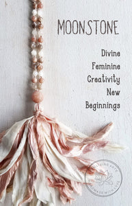 DIVINE FEMININE. Peach & White Moonstone Gemstone Necklace. Full Mala 108 Beads. Mindful Jewelry.