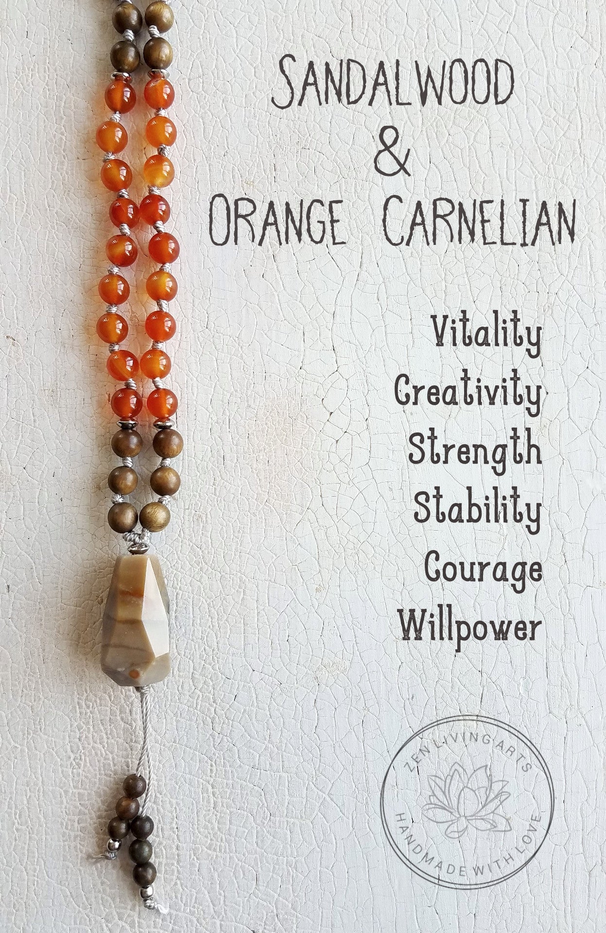 CREATIVE SOUL. Sandalwood & Orange Carnelian Gemstone Necklace. Full Mala 108 Beads. Tree Of Life.