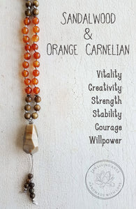 CREATIVE SOUL. Sandalwood & Orange Carnelian Gemstone Necklace. Full Mala 108 Beads. Tree Of Life.