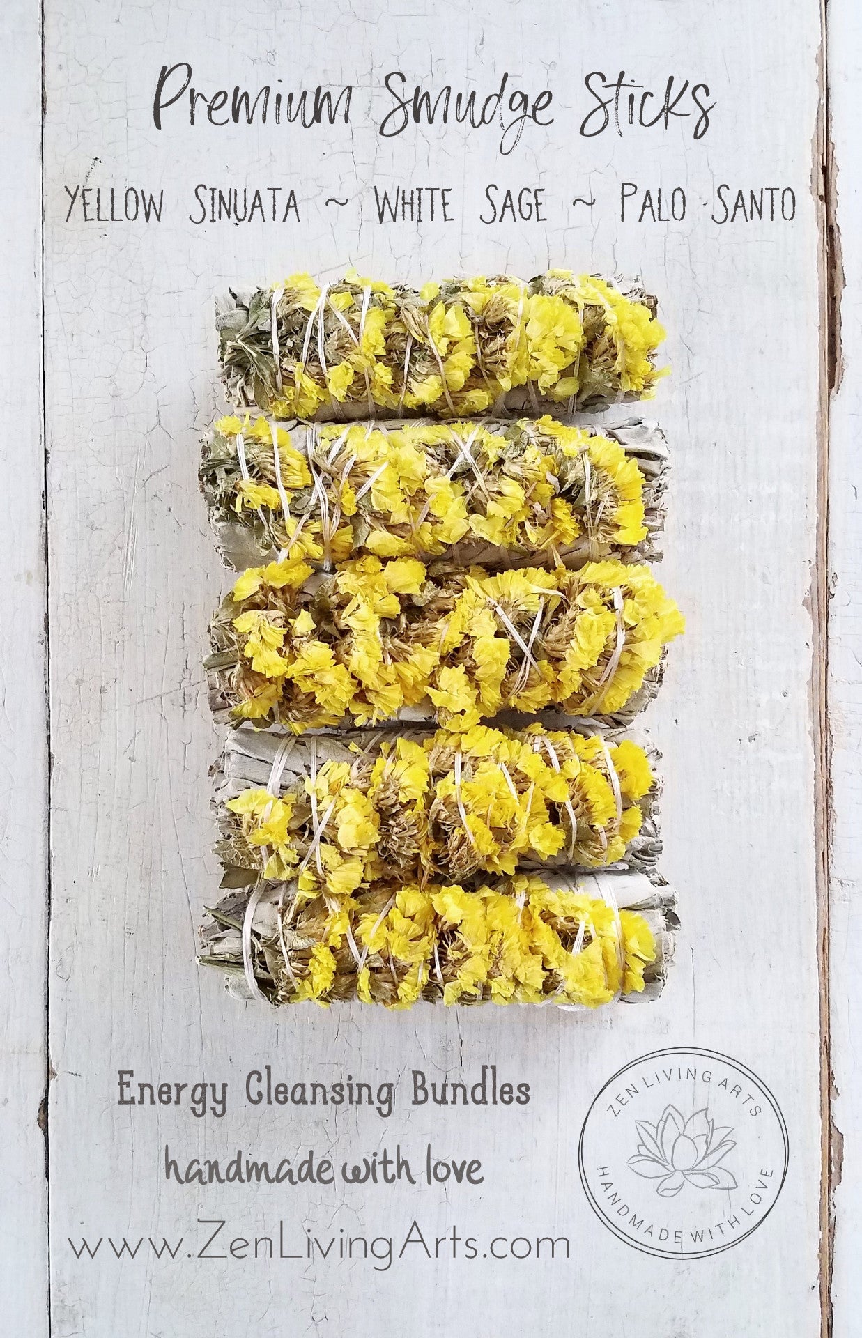 Yellow Sinuata, White Sage, & Palo Santo. Premium Smudging Sticks. Energy Cleansing Bundle.