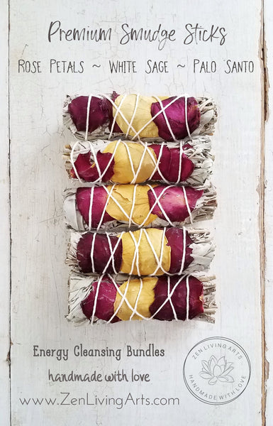 Rose Petals, White Sage, & Palo Santo. Premium Smudging Sticks. Energy Cleansing Bundle.