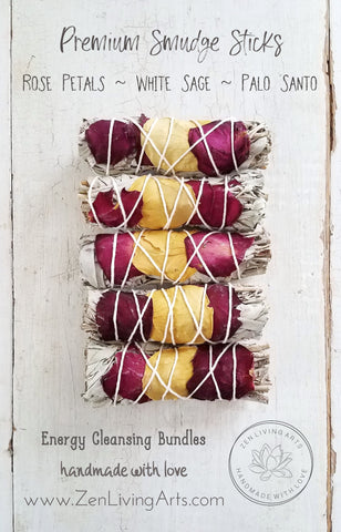 Rose Petals, White Sage, & Palo Santo. Premium Smudging Sticks. Energy Cleansing Bundle.