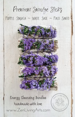Purple Sinuata, White Sage, & Palo Santo. Premium Smudging Sticks. Energy Cleansing Bundle.