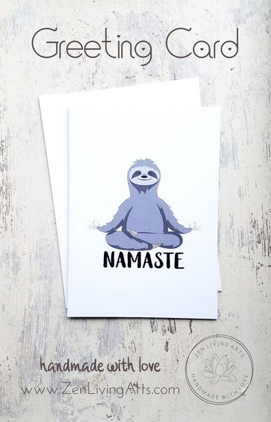 NAMASTE. Meditating Sloth Art Print. Inspirational Greeting Card & Envelope. Size 5x7.